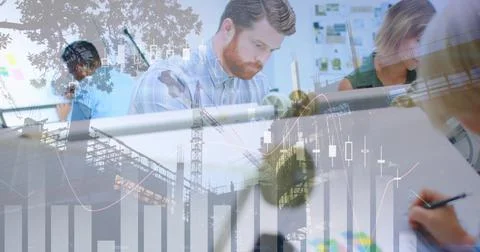 Graphs and architects drawing in an office and a building in construction Ilustración de archivo