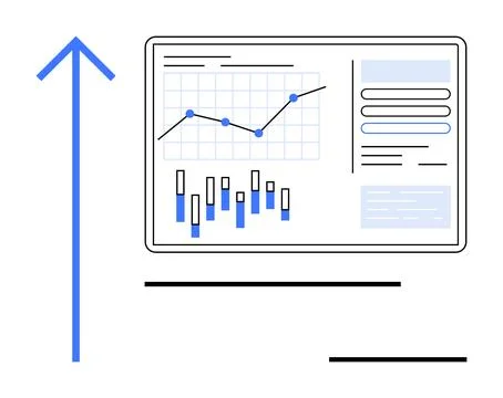 Graphs and charts on a digital dashboard with an upward arrow. Ideal for busi Stock Illustration