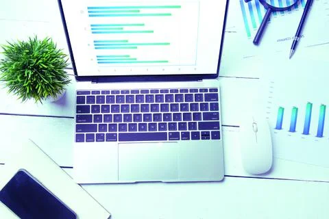 Graphs and charts elements on laptop computer screen  and statistical perform Stock Photos