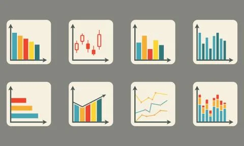 Graphs and charts icon set for infographics design. Colorful vector illustration Stock Illustration