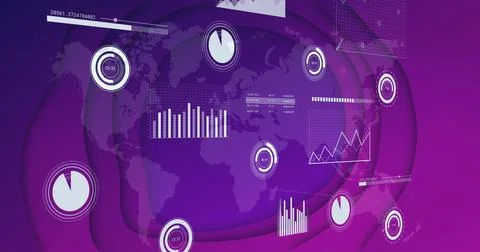 Graphs and charts image over world map in purple tones 스톡 일러스트