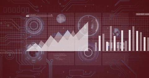 Graphs and charts image over red digital interface background 스톡 사진