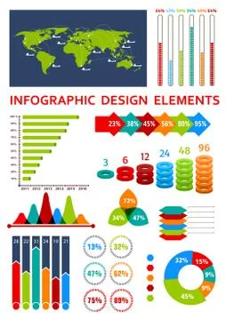 Graphs and charts with map for infographics design Ilustración de archivo