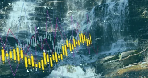 Graphs and charts overlaying waterfall animation in school finance presentation Stock Footage 306192198