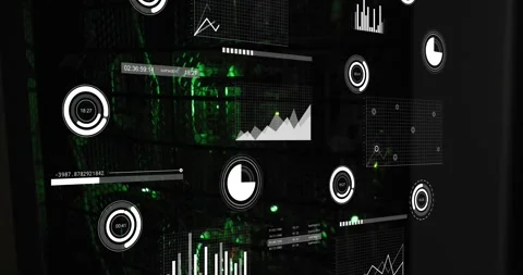 Graphs and charts processing data over green servers in dark computer server Stock Footage 328648836