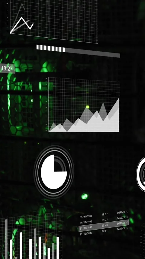 Graphs and charts processing data over green servers in dark computer server Stock Footage 342612911