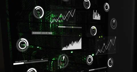 Graphs and charts processing data over green servers in dark computer server Stock Illustration