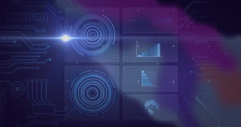 Graphs and circular patterns over digital interface with futuristic animation 動画素材 303941685