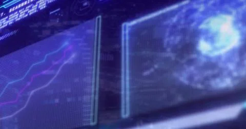 Graphs and data analysis image over digital interface background 스톡 사진