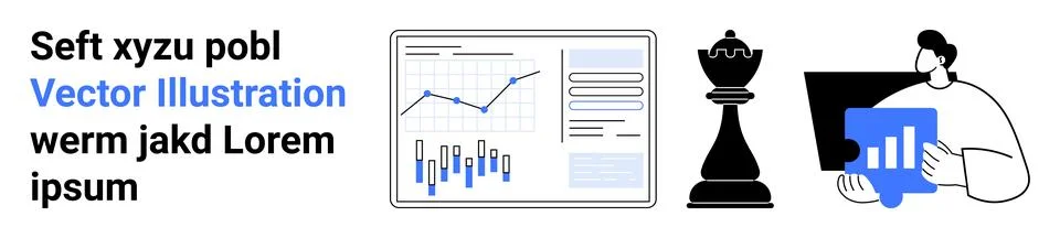 Graphs and data charts in window, chess piece representing strategy, person a Stock Illustration