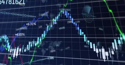 Graphs and data processing on black background Foto stock