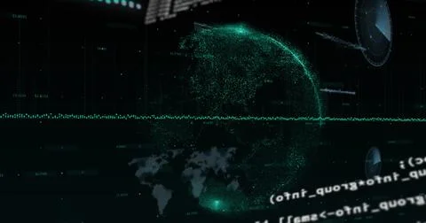 Graphs and data processing over globe on black background 스톡 사진