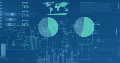 Graphs and data with virtual buildings in a city Ilustración de archivo