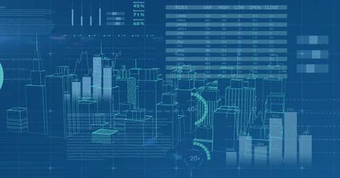 Graphs and data with virtual buildings in a city Ilustración de archivo