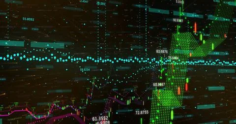 Graphs and numbers animating financial data visualization on digital grid Illustrazione stock