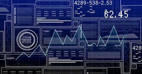 Graphs and numerical data analysis image over blue digital interface background Stock Illustration