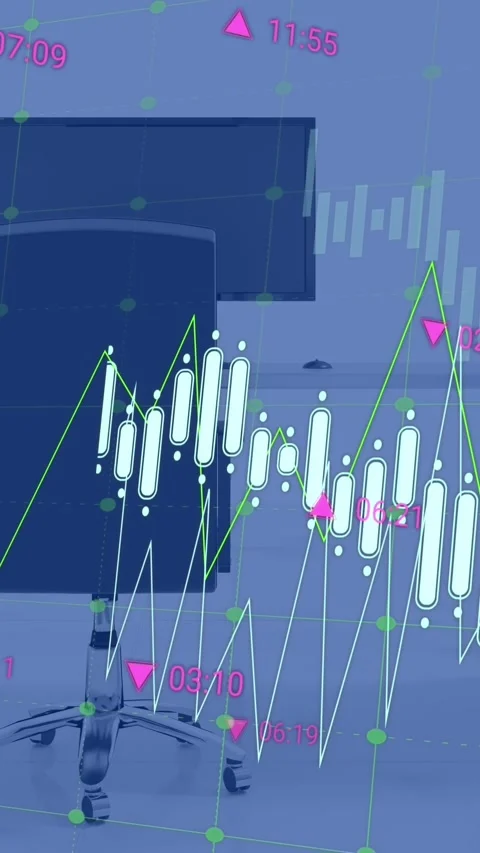Graphs and processing data over chair and computer on desk in empty office Stock Footage 344693297