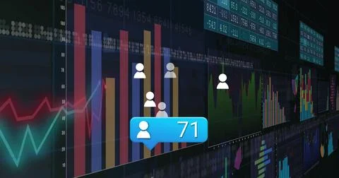 Graphs and user icons with data processing image over financial charts Stock Photos