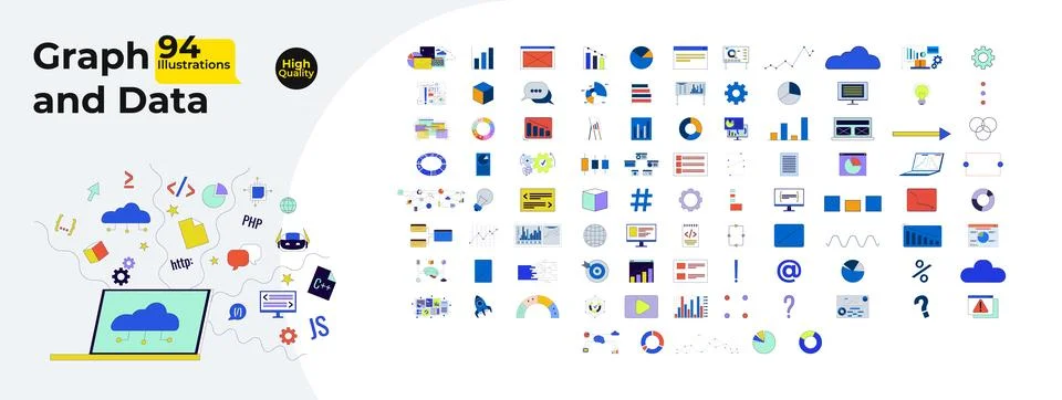 Graphs, charts and data visualization cartoon flat illustrations mega bundle イラスト素材