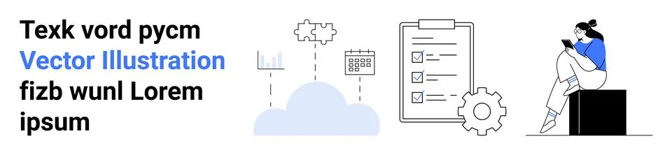 Graphs, cloud icon, checklist on clipboard, gears, and person using smartphon Stock Illustration