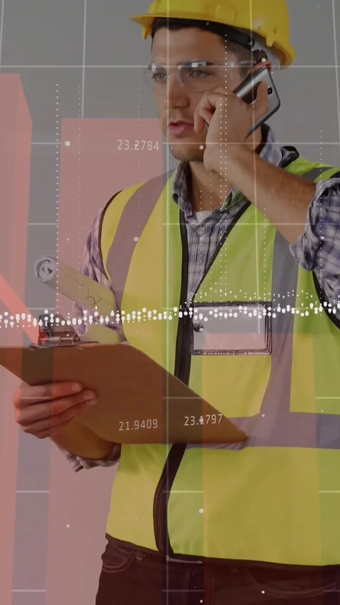 Graphs data moving against male architect with clipboard talking on a smartphone Stock Footage 324020712