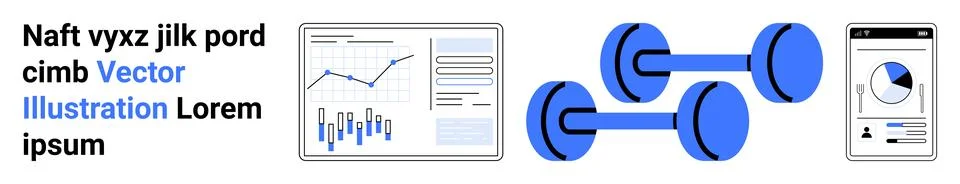 Graphs with data trends, charts, dumbbells, and a smartphone displaying stati 스톡 일러스트
