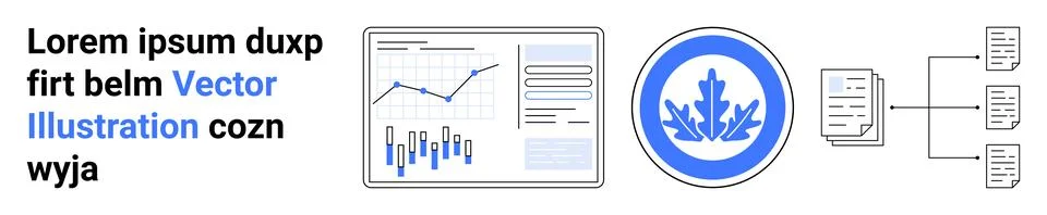 Graphs displaying business data, a blue circular emblem with a leaf, and a hi イラスト素材