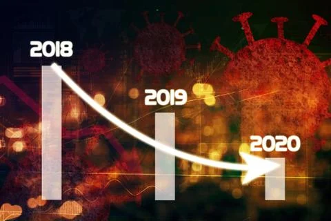Graphs with down arrow and Coronavirus background Stock Photos
