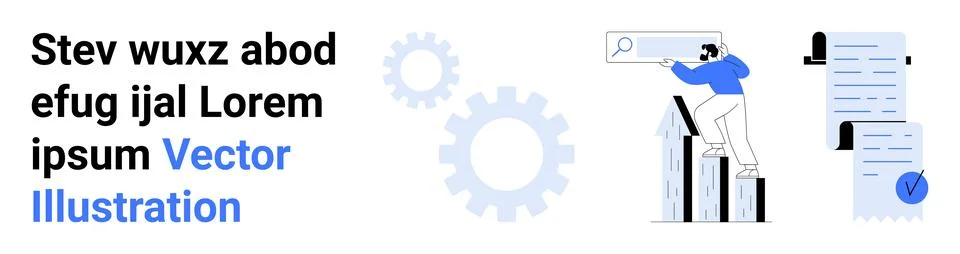 Graphs, gears, and search elements signify analytics and data tracking. Ideal Illustrazione stock