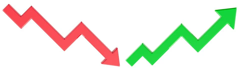 Graphs going Green arrow up and Red arrow down, 3D rendering Stock Illustration