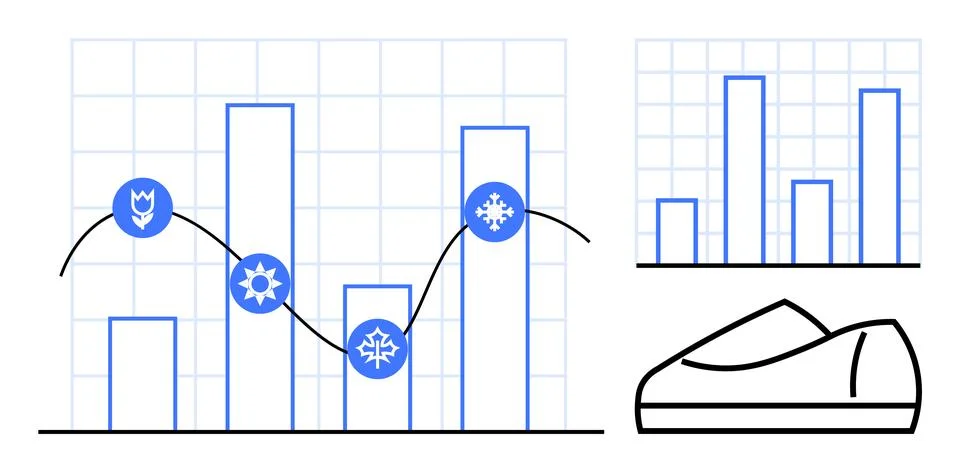 Graphs showcasing bar and line data with seasonal symbols and a shoe illustra Stock Illustration