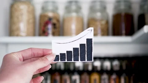 Graphs showing prices of groceries going up in front of tidy organised pantry Stock Footage 200817662