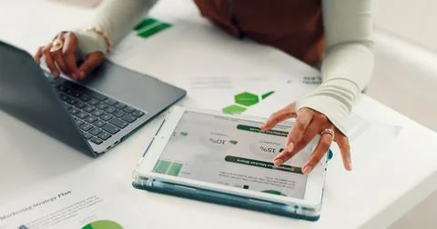 Graphs, top view or hands in office with tech, laptop or data analysis for .. Stock Photos