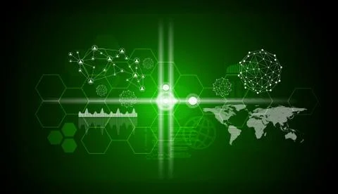 Graphs, world map, network and other elements Ilustración de archivo