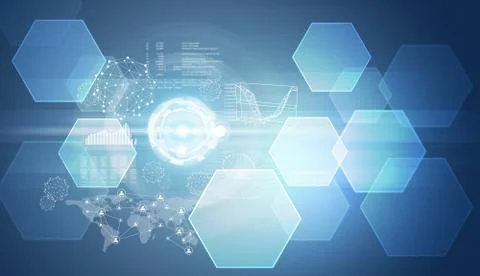 Graphs, world map, network and other elements Ilustración de archivo