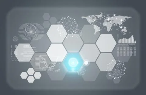 Graphs, world map, network and other elements Stock Illustration