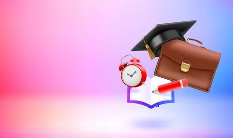 Graruation cap with school bag, book, pencil, alarm clock. 3D vector banner w イラスト素材