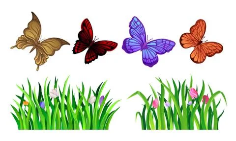 Grass And Flower Elements For Decoration. Vector Illustrated Set Illustrazione stock