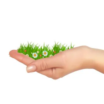 Grass and flowers in hand. Spring is cooming background. Vector Illustration Stock Illustration
