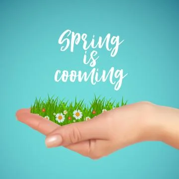 Grass and flowers in hand. Spring is cooming background. Vector Illustration Stock Illustration