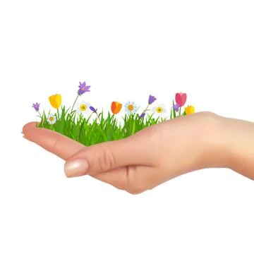 Grass and flowers in hand. Spring is cooming background. Vector Illustration Stock Illustration