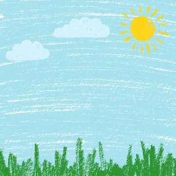 Grass and sky background. Crayon kid landscape with spring field. Vector gree Stock Illustration