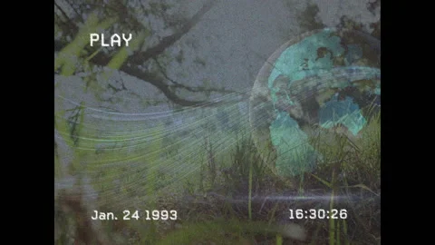 Grass and trees with digital globe animation and vintage video overlay 库存影片 306170134