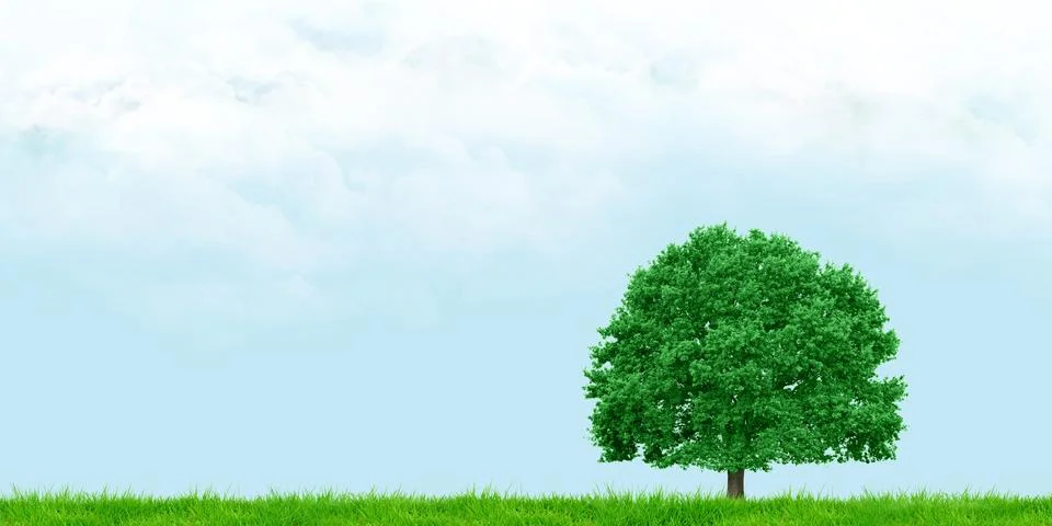 Grass and trees view Cloudy skies Wide angle landscape 3d illustration Stock Illustration