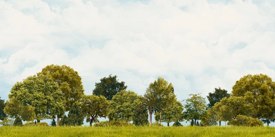 Grass and trees view Cloudy skies Wide angle landscape 3d illustration Stock Photos
