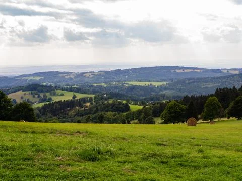Grass and white cloudy sky, natural panorama Stock Photos