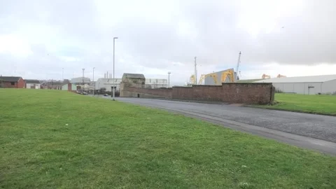 Grass area old brick wall by docks seagulls Stock Footage 260504195