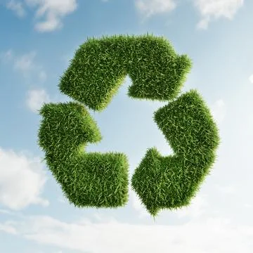 Grass covered 3D arrow recycle symbol over sky background Stock Illustration