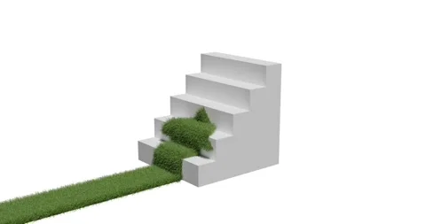 Grass covered arrow climbing up over a staircase. 3d render animation on a white Stock Footage 162467931