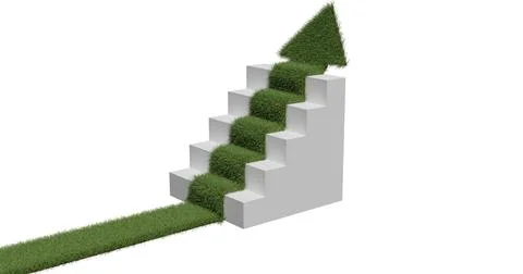 Grass covered arrow climbing up over a staircase. 3d render on a white Ilustración de archivo